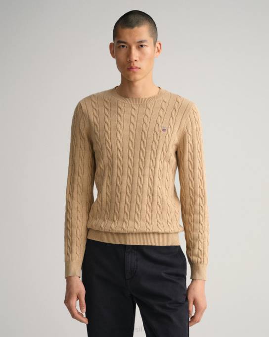 suéter de gola redonda de cabo de algodão N424C315 caqui mel GANT homens