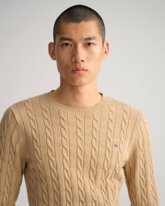 suéter de gola redonda de cabo de algodão N424C315 caqui mel GANT homens