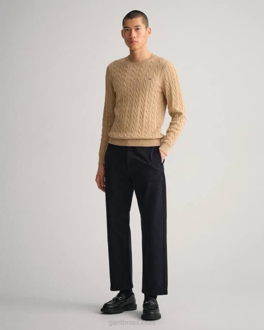 suéter de gola redonda de cabo de algodão N424C315 caqui mel GANT homens