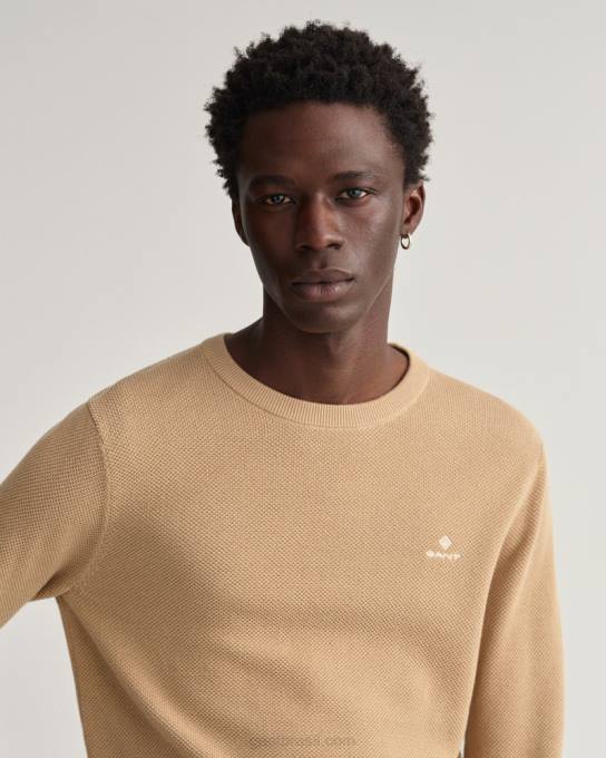 suéter de gola redonda em piquê de algodão N424C328 caqui escuro GANT homens