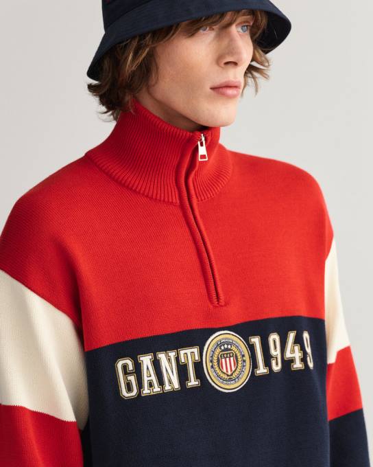 suéter de meio zíper com escudo de crista N424C361 vermelho rubi GANT homens