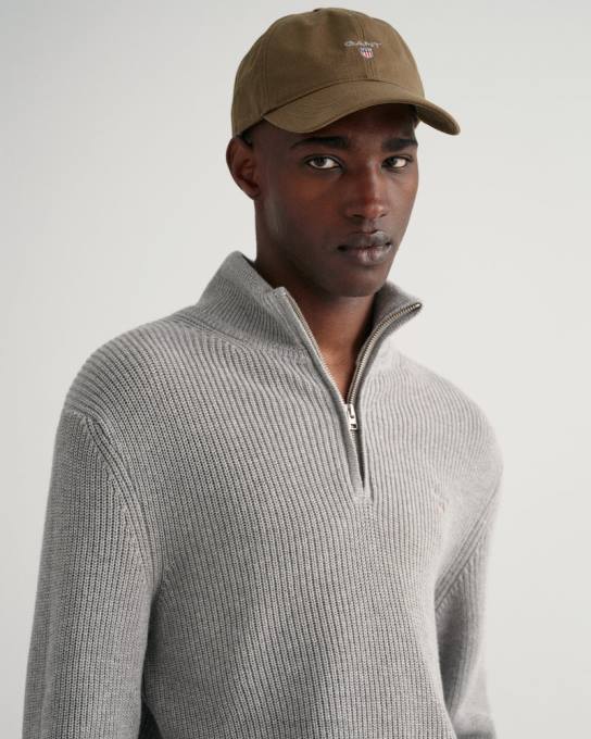 suéter de meio zíper com nervuras de algodão N424C310 melange cinza GANT homens