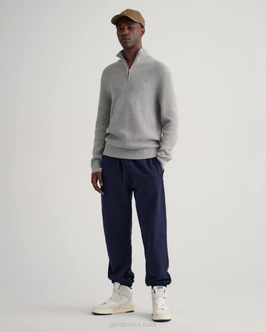 suéter de meio zíper com nervuras de algodão N424C310 melange cinza GANT homens