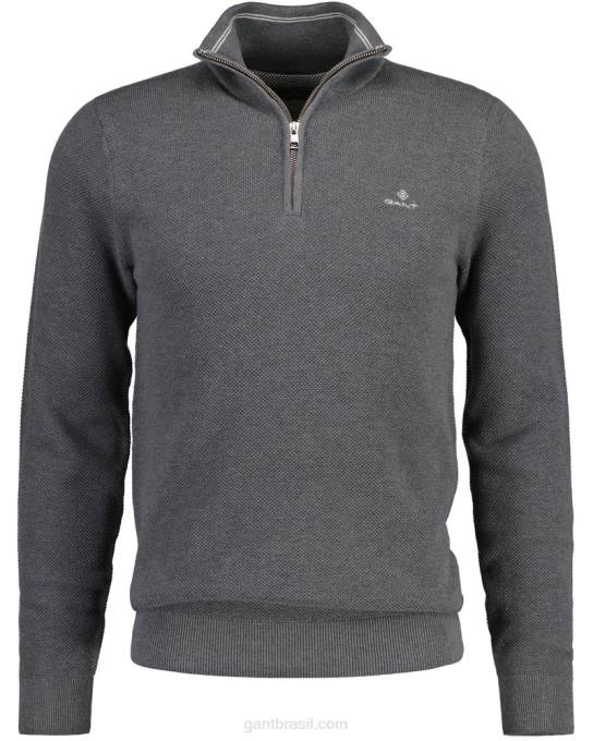 suéter de meio zíper em piquê de algodão N424C348 melange cinza escuro GANT homens