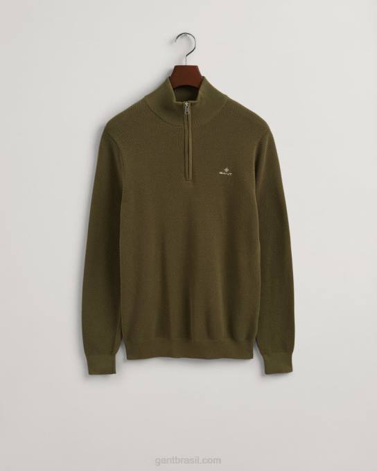 suéter de meio zíper em piquê de algodão N424C354 caçador verde GANT homens