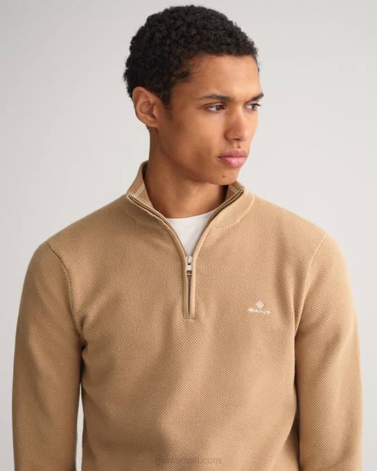 suéter de meio zíper em piquê de algodão N424C358 caqui escuro GANT homens