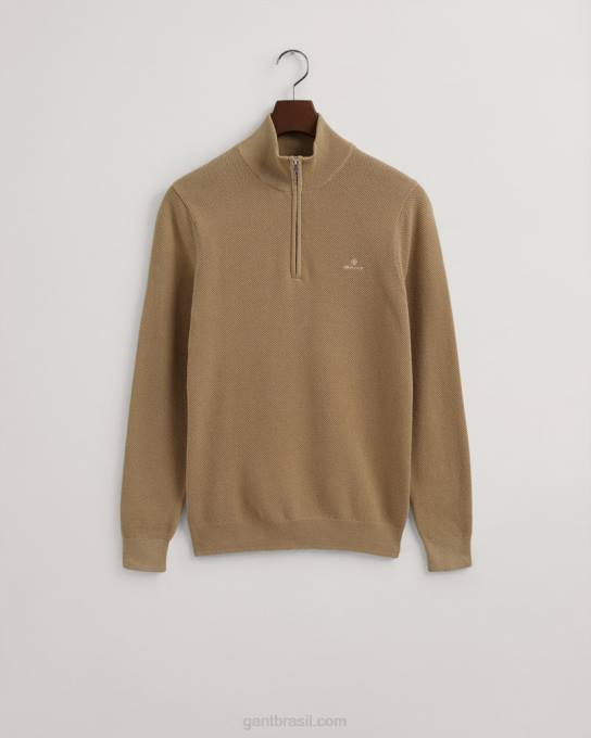 suéter de meio zíper em piquê de algodão N424C358 caqui escuro GANT homens