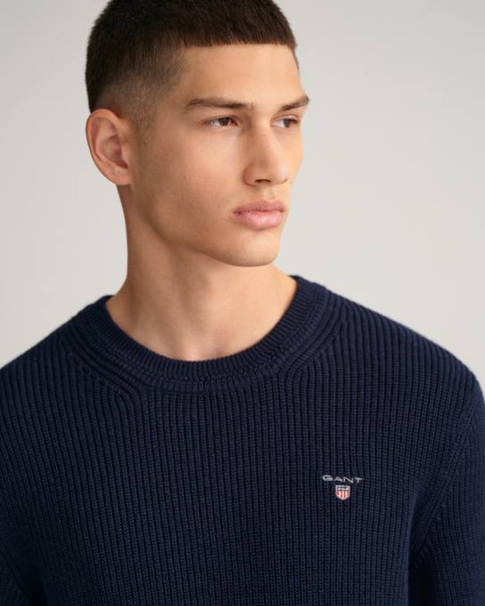 suéter decote careca canelado de algodão N424C347 noite azul GANT homens