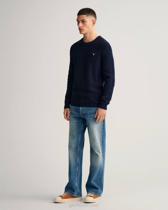 suéter decote careca canelado de algodão N424C347 noite azul GANT homens