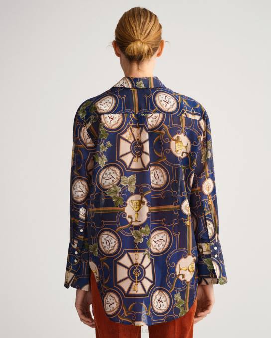 camisa de seda de algodão luxo americano de ajuste relaxado N424C586 noite azul GANT mulheres