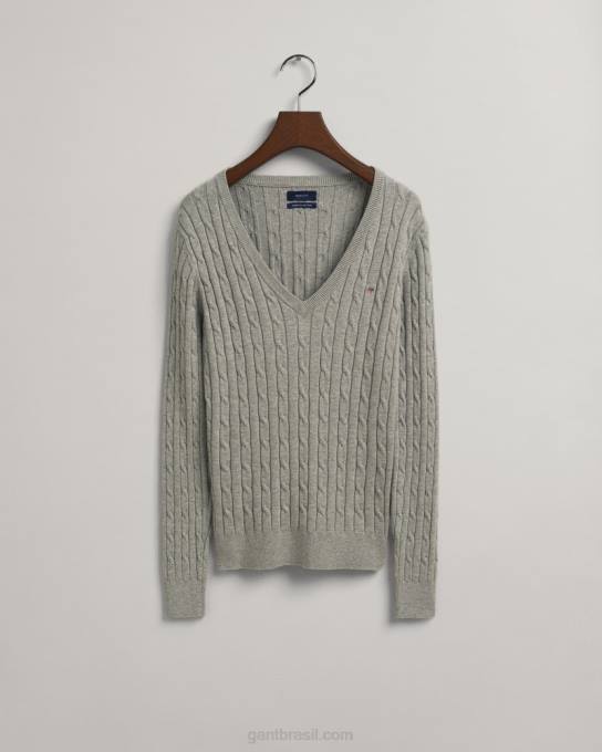 suéter de decote em v de cabo de algodão elástico N424C664 melange cinza claro GANT mulheres