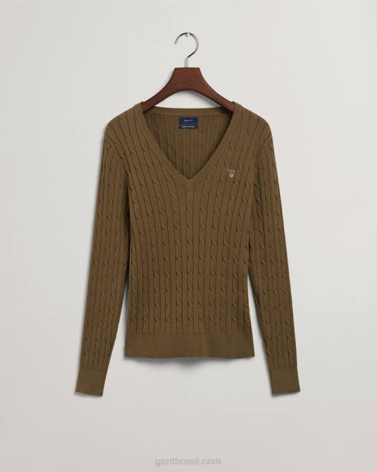 suéter de decote em v de cabo de algodão elástico N424C683 caçador verde GANT mulheres
