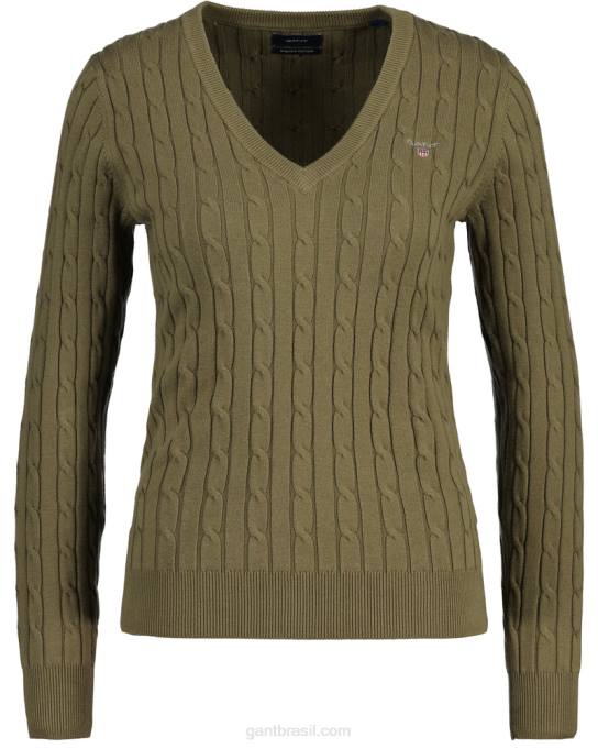 suéter de decote em v de cabo de algodão elástico N424C683 caçador verde GANT mulheres
