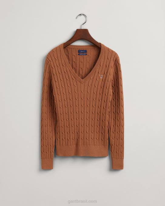 suéter de decote em v de cabo de algodão elástico N424C690 noz torrada GANT mulheres