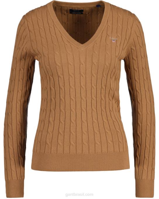 suéter de decote em v de cabo de algodão elástico N424C690 noz torrada GANT mulheres