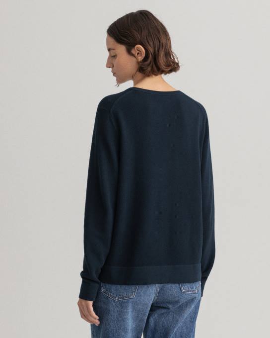 suéter de gola redonda em piquê de algodão N424C698 noite azul GANT mulheres