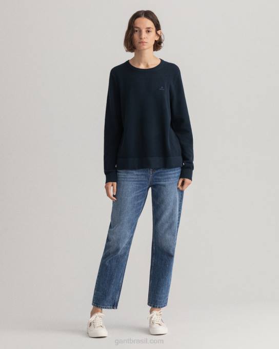 suéter de gola redonda em piquê de algodão N424C698 noite azul GANT mulheres