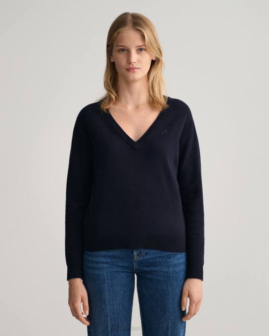 suéter de lã de carneiro super fino com decote em V N424C695 noite azul GANT mulheres