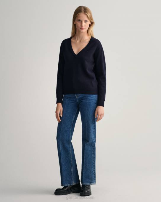suéter de lã de carneiro super fino com decote em V N424C695 noite azul GANT mulheres