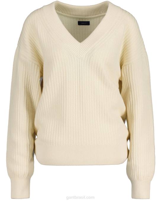 suéter decote em v canelado de algodão N424C659 creme GANT mulheres