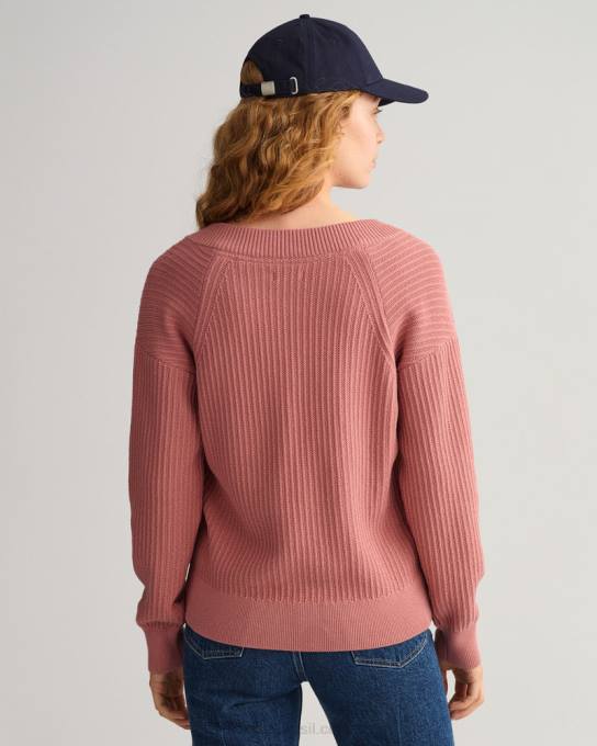suéter decote em v canelado de algodão N424C679 rosa terracota GANT mulheres