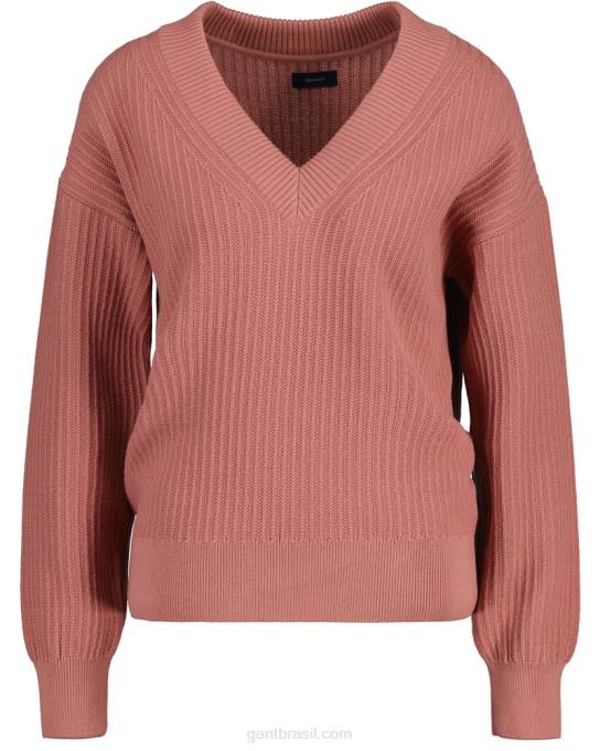 suéter decote em v canelado de algodão N424C679 rosa terracota GANT mulheres
