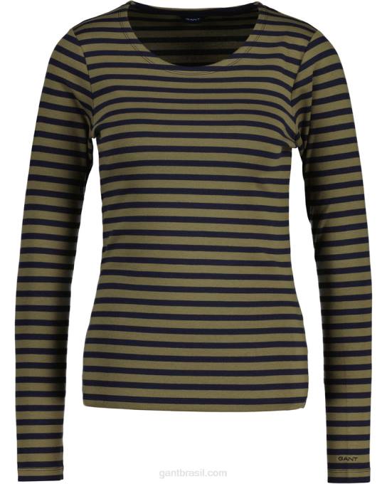 camiseta canelada manga longa listrada N424C638 caçador verde GANT mulheres