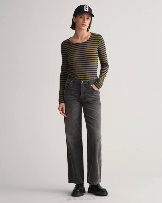 camiseta canelada manga longa listrada N424C638 caçador verde GANT mulheres