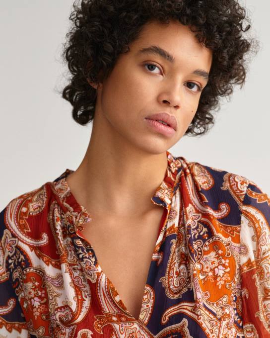 vestido maxi com babados paisley N424C644 laranja dourada GANT mulheres