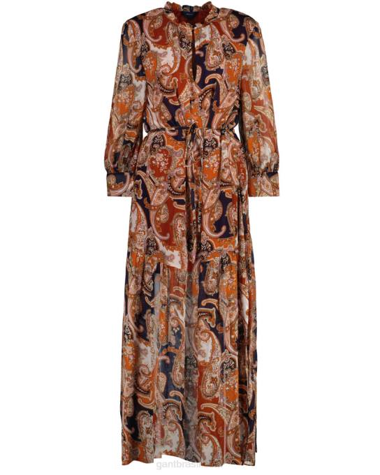 vestido maxi com babados paisley N424C644 laranja dourada GANT mulheres