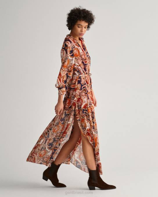 vestido maxi com babados paisley N424C644 laranja dourada GANT mulheres